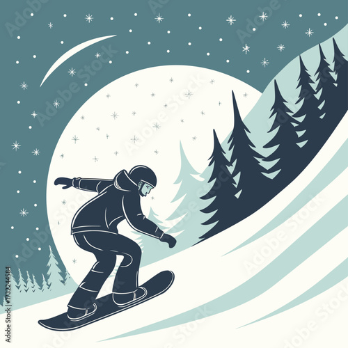Stylish snowboarder carving down a snowy mountain slope at night under a bright moon and starry sky, perfect for winter sports and holiday promotions