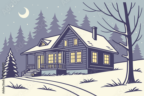 Cozy winter cabin nestled in snowy forest landscape under moonlit sky, a peaceful retreat, perfect for holiday cards or outdoor adventure themes, originally vector