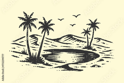 Vintage engraving of an oasis with palm trees, water, and birds in a desert landscape.