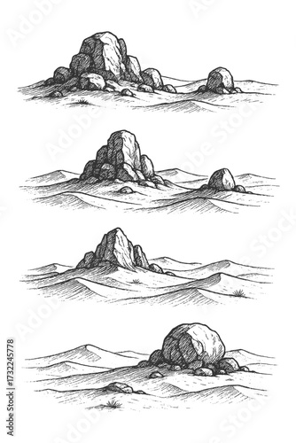 Old-style engraving of rocky hills and plains with simple horizon line and natural view.