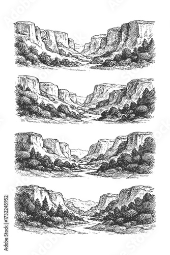 Vintage engraved illustration of canyon cliffs and rock formations in detailed line art style.