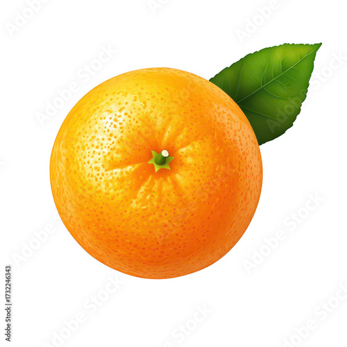 A vibrant. ripe orange with a green leaf resting beside it. set against a clean. white background. ideal for food-related content. nutrition articles. or healthy lifestyle promotions