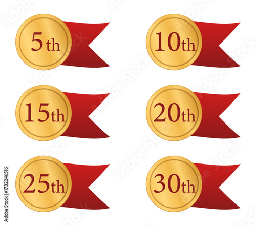 アニバーサリー周年記念  赤いリボン付きセット シンプル ベクター素材（5周年・10周年・15周年・20周年・25周年・30周年）