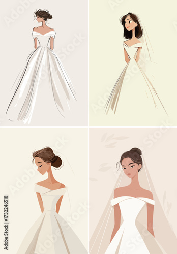 Four artistic sketches display beautiful bridal dresses featuring unique designs and graceful details.