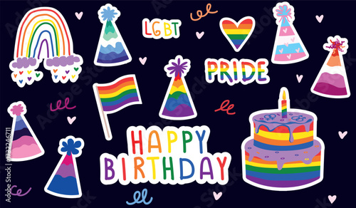 Colorful rainbow pride birthday party vector clipart with celebratory cake, hats, flag, heart, lettering, confetti for inclusive festive designs