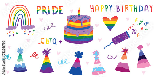 Colorful pride themed birthday party illustration vector set with rainbow elements, candles, doodle hearts for inclusive celebration decor