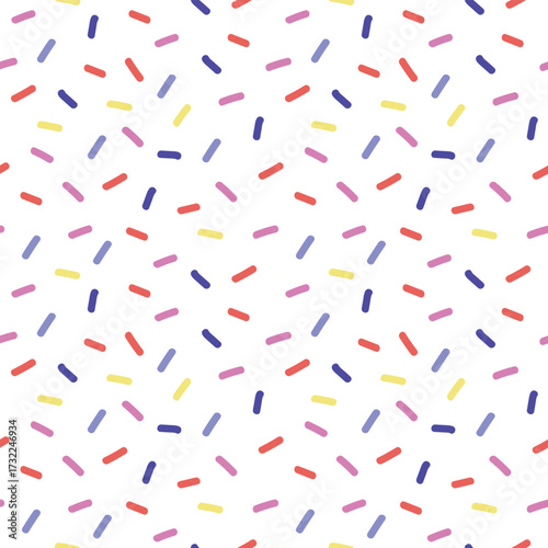 Fun seamless minimal white pattern with bright scattered sprinkles festive decoration for birthday cards, textile and modern designs