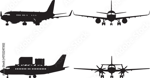 Four black silhouette aircraft icons airplane propeller plane