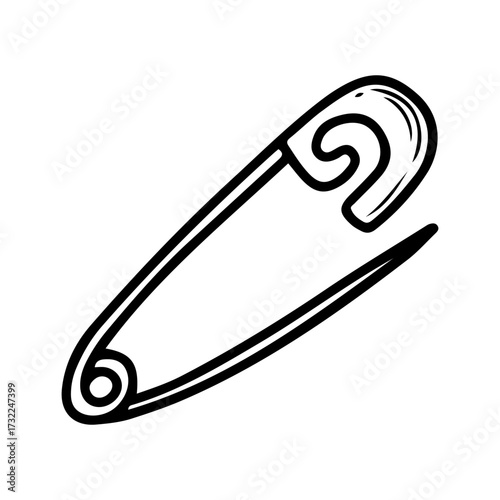 Metal safety pin. Hand drawn doodle vector. Clip with a needle for fastening fabric. Brooch. Line art illustration.