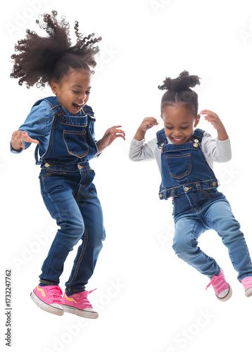 two young black girls playing and dancing, wearing denim overalls and pink shoes, against isolated on a transparent background.