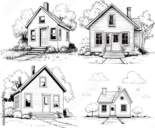 This artwork showcases four different sketches of classic houses, each with unique features and surrounded by trees. The designs highlight various architectural styles.