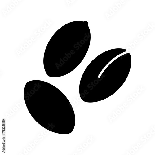 Three black coffee beans on a white background, simple and clean