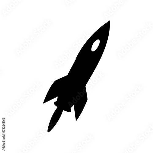 A stylized black silhouette illustration of a rocket launching into the sky