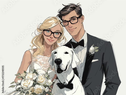 A joyful couple stands together on their wedding day, dressed elegantly. They hold a beautiful bouquet while their dog poses beside them in a charming moment.