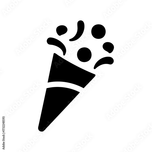 Black and white vector image of a party popper with confetti