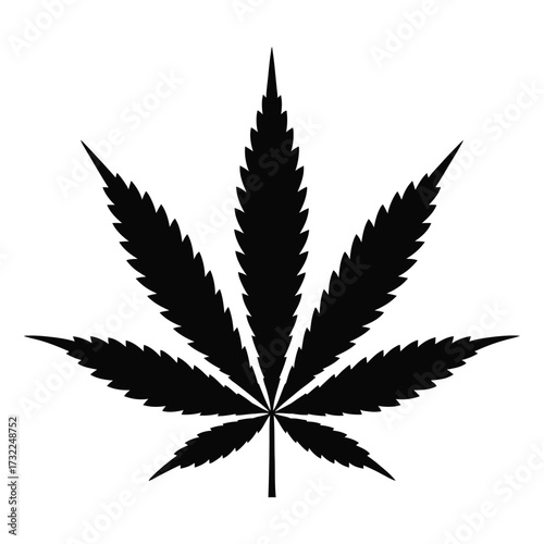 Black silhouette of cannabis leaf icon with serrated leaflets, symbolizing marijuana, medicinal use, legalization, culture, and wellness