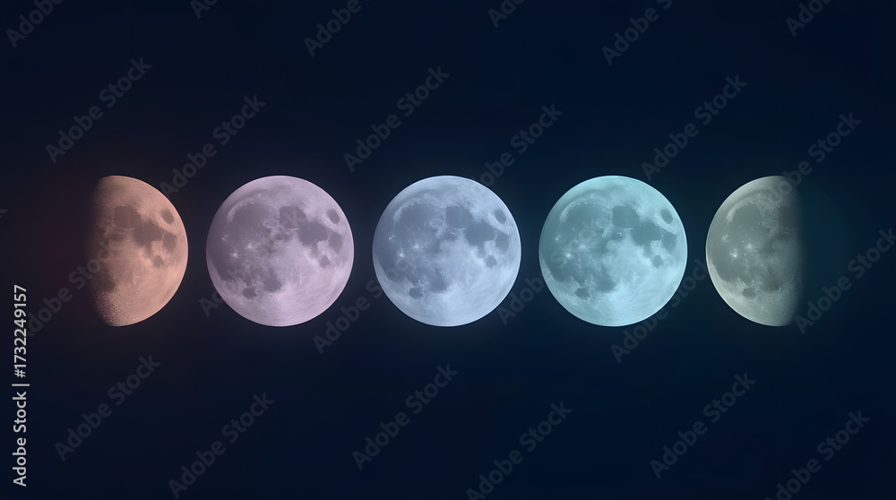 Obraz premium Moon Phase Sequence: A striking visual of the moon's phases, each phase illuminated against a deep indigo sky, showcasing the ethereal beauty of celestial mechanics.