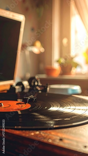 Analog Music Setup featuring a Turntable Laptop and Natural Light Creating a Retro Cinematic Vibe in a Warm Toned Room