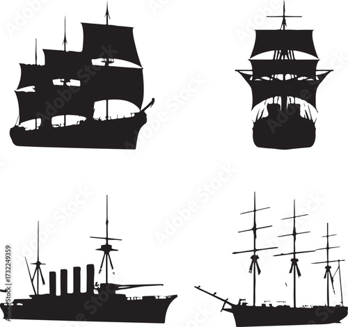 Four historical sailing vessels and warships sailing ships