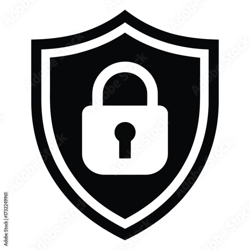 Shield icon with padlock symbol representing cybersecurity, data protection, privacy, and secure access in digital and network environments