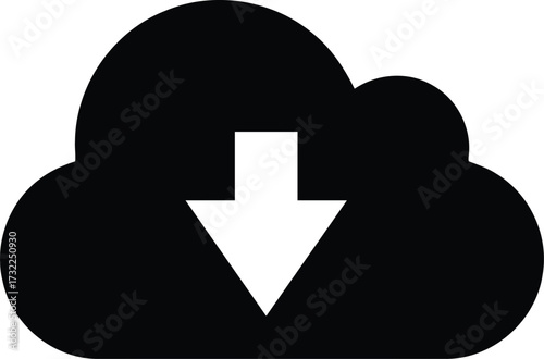Vector art of a black cloud icon with a white downward arrow inside, representing download