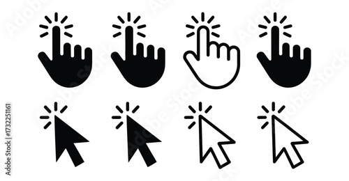 Set of cursor click icons featuring hand and arrow pointers with motion lines, ideal for UI/UX design, digital interaction, and web navigation