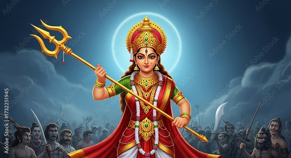 Fototapeta premium Divine Goddess Durga Wielding Trident Against a Hostile Crowd
