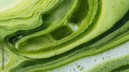 The image shows a close up shot of liquid swirls, alternating between shades of green and white. The fluid has a frothy texture, creating small bubbles throughout the surface