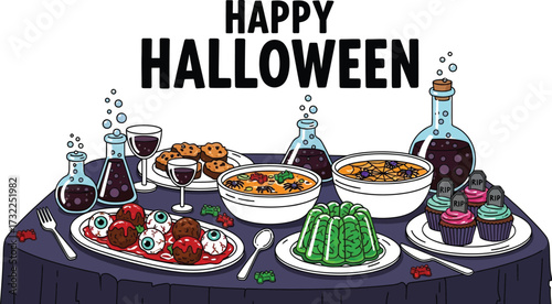 A spooky halloween feast with eyeballs, worms, and potions for a creepy and fun holiday celebration