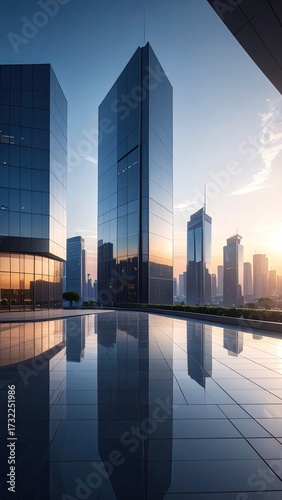 Urban Cityscape at Sunset with High Rise Building Reflections and Cinematic Lighting in Clear Sky
