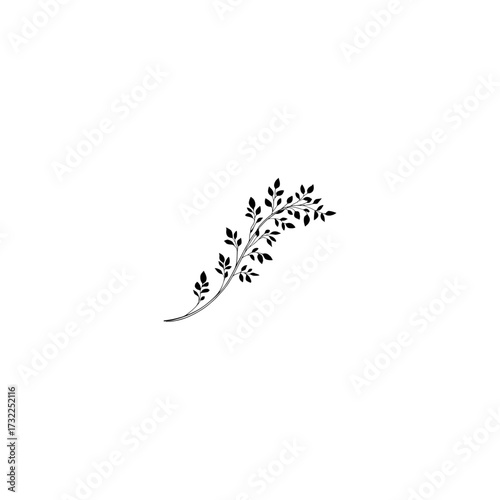 Black Leafy Twig in Minimal Style on White Backdrop, Suitable for Modern Botanical Art
