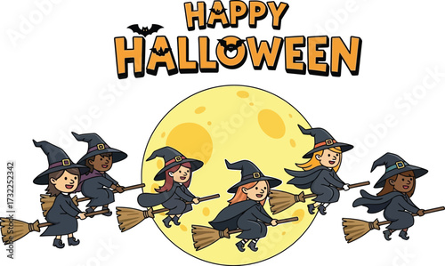 Happy halloween with witches flying broomsticks in front of the full moon, cartoon illustration