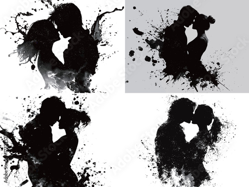 Two couples share intimate moments in striking black and white silhouettes, surrounded by expressive ink splashes, showcasing love and connection artistically.