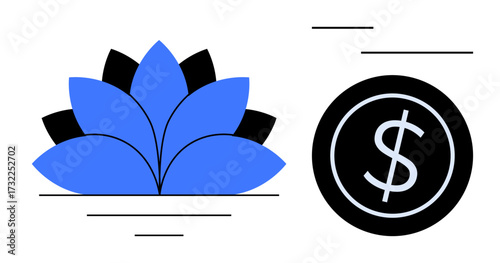 Blue lotus flower paired with a black coin with a dollar sign. Ideal for themes of prosperity, mindfulness, balance, finance, spirituality, business growth, wellness, simple flat metaphor