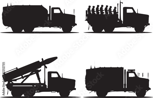 Military trucks with cargo and missile launcher silhouette