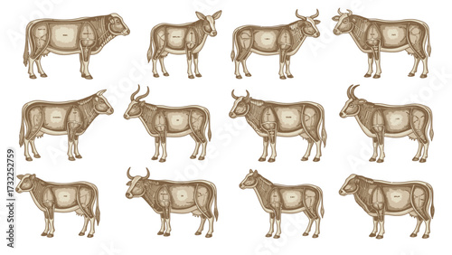 Twelve stylized illustrations of various cattle breeds with body part outlines, presented in a vector art style on a white background.