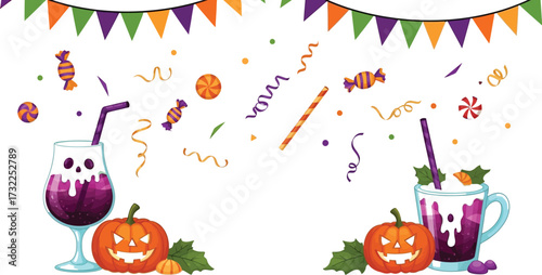 Halloween party drinks and sweets festive autumn holiday vector illustration with cocktails, candies and pumpkins