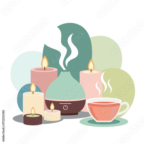 Create a serene atmosphere with aromatherapy diffuser, glowing candles, and warm tea for ultimate relaxation and wellness.