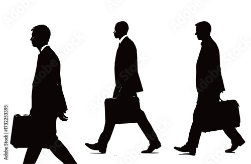 Three business professionals are walking in silhouette, each carrying a briefcase. They appear to be heading towards a common goal, dressed in formal attire.