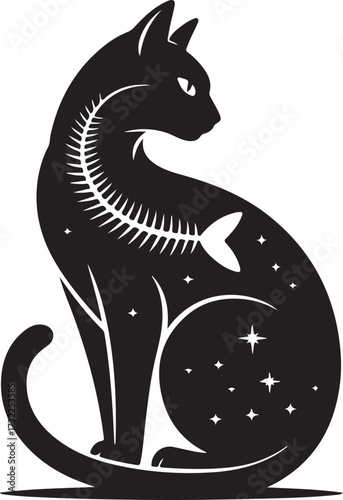 Mystical black cat silhouette with celestial body decorated by fish backbone