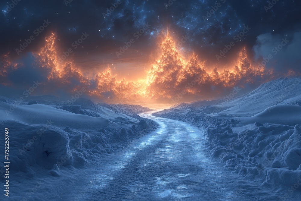 Fototapeta premium Snowy road under fiery sky.
