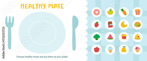 Healthy plate mini game with magnetic food. Cut and glue mini game for kids.