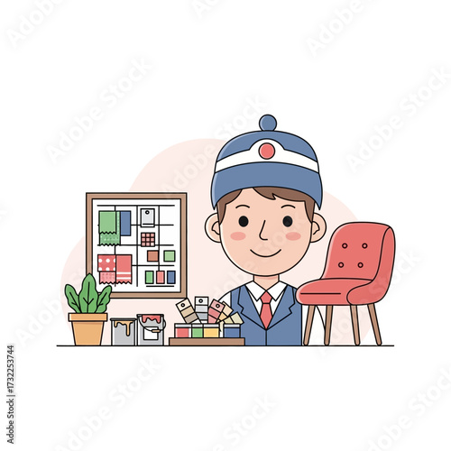 Vector art of interior designer with color swatches and furniture