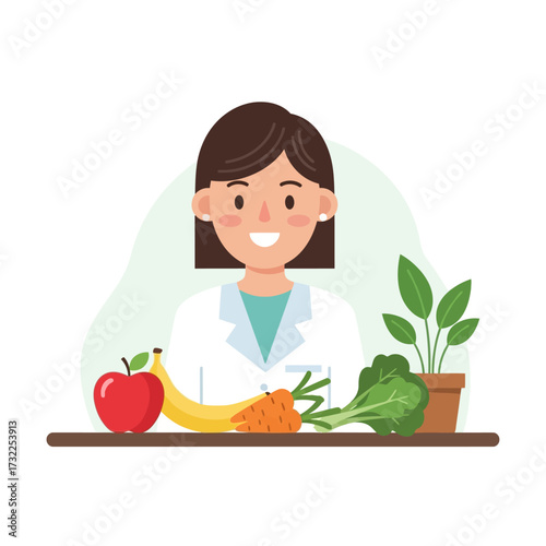 Vector art of nutritionist with fresh fruits and vegetables