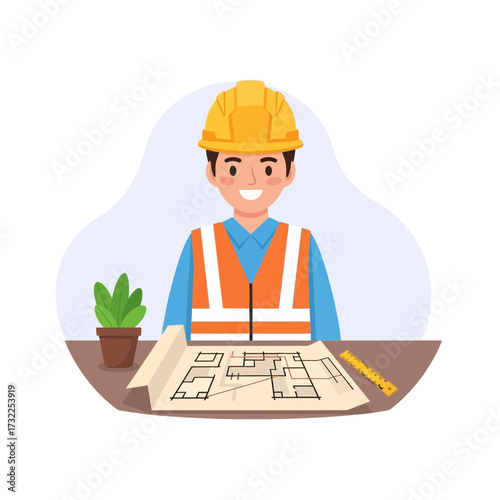 Vector art of construction worker with blueprint