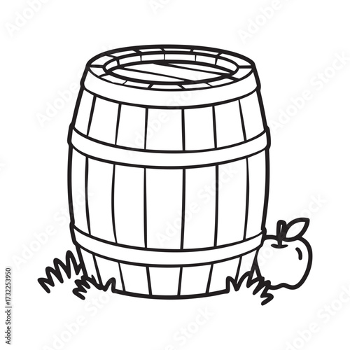 Rustic Line Art Illustration of a Wooden Barrel with Apple and Grass for Autumn Harvest and Farmhouse Designs
