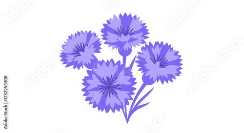 Four stylised periwinkle cornflowers