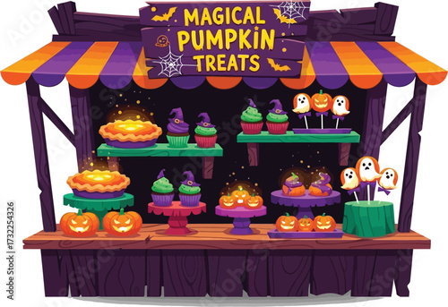 Magical pumpkin treats stall, offering a variety of spooky sweets and desserts for halloween celebrations