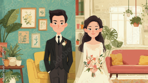 A cheerful couple dressed for their wedding stands together in a beautifully decorated living space. The groom wears a classic suit while the bride holds a bouquet.