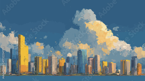 A vibrant city skyline displays tall buildings painted in shades of yellow and blue under a bright blue sky. Fluffy clouds add depth to the scene.